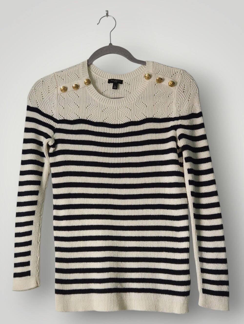 Talbots Petites Breton Stripe Sweater SP Navy Cream Gold Crown Button Pointelle - Picture 2 of 8